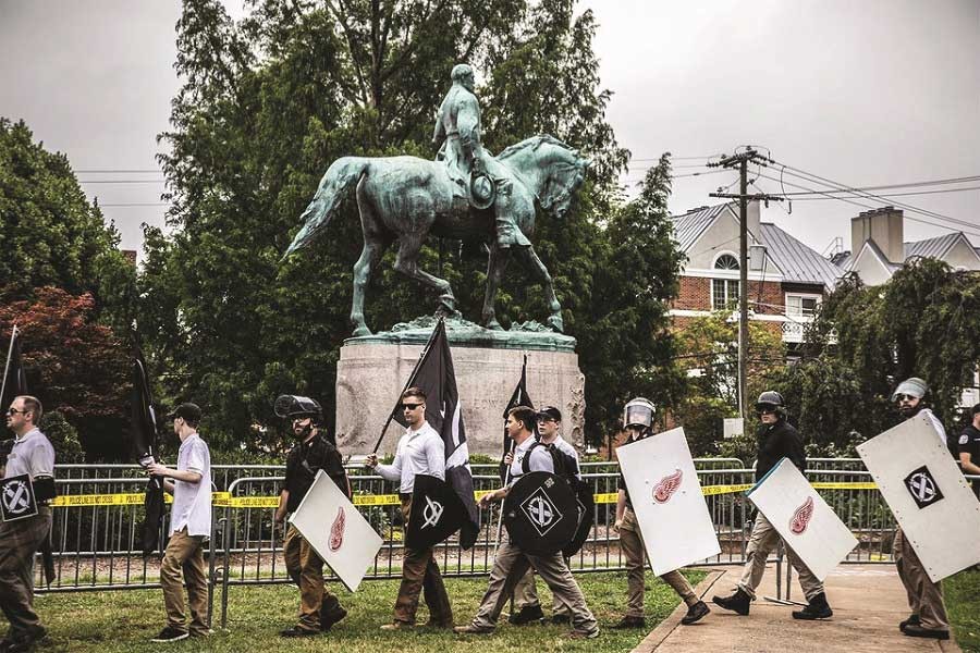 A gathering of hundreds of white nationalists near the statue of Confederate hero Robert E. Lee in Charlottesville, Virginia, August 12, 2017.