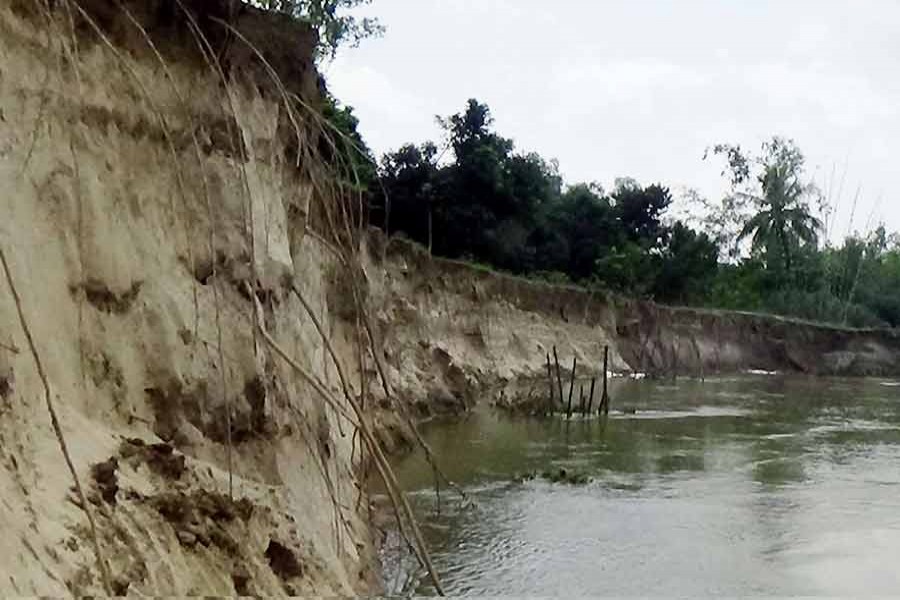 Jomuneshwari erosion takes a serious turn in Nagerhat area under Badarganj upazila in Rangpur. The photo was taken on Tuesday. 	— FE Photo