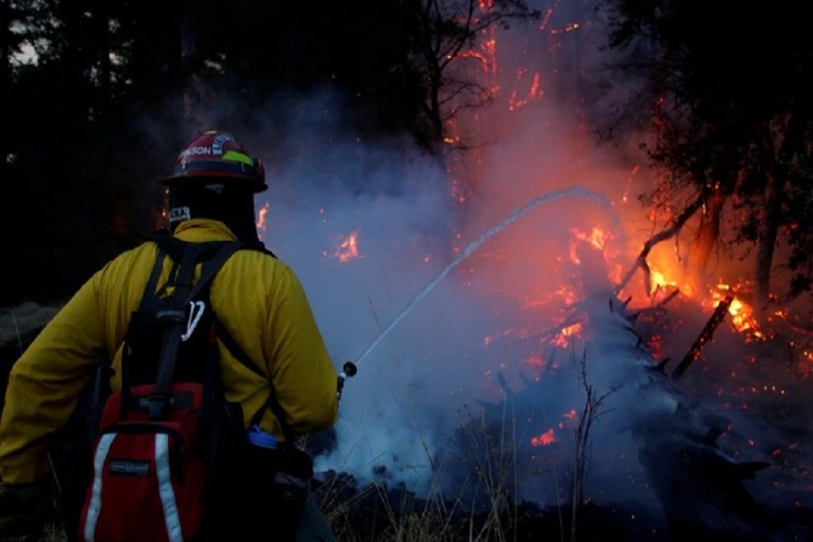 Firefighters battle a wildfire near Santa Rosa, California, US, October 14, 2017. Reuters