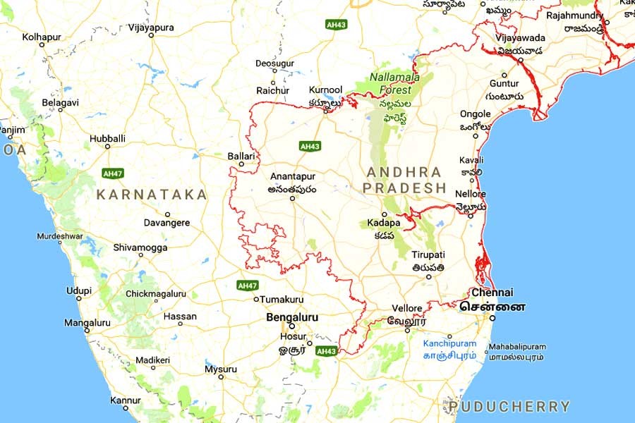 Google map showing the southern Indian state of Andhra Pradesh
