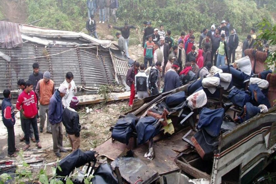 The bus, which was en route to Kathmandu from Rajbiraj, veered off the highway at Ghatbesi Bange curve, according to the Kathmandu Post.  Photo: hindustantimes.com