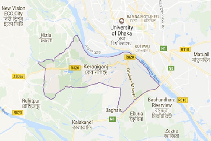 Google map showing  Keraniganj upazila of Dhaka district