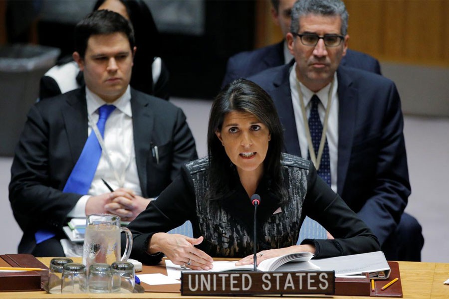US Ambassador to the UN Nikki Haley speaks during a meeting of the UN Security Council at the UN headquarters in New York, US (Reuters Photo)