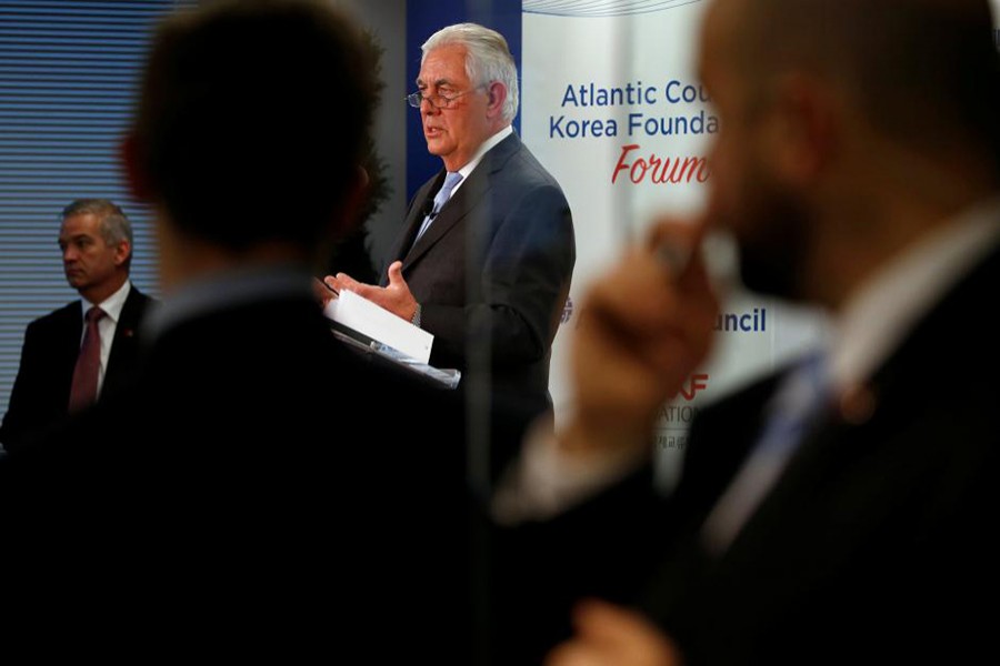 US Secretary of State Rex Tillerson delivers remarks on the US-North Korea relationship during a forum at the Atlantic Council in Washington, US on Tuesday. - Reuters photo