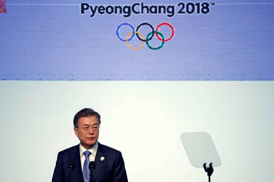 South Korean President Moon Jae-in speaks during the 132nd IOC Session ahead of the 2018 Winter Olympic Games in Gangneung, South Korea, February 5, 2018. Reuters