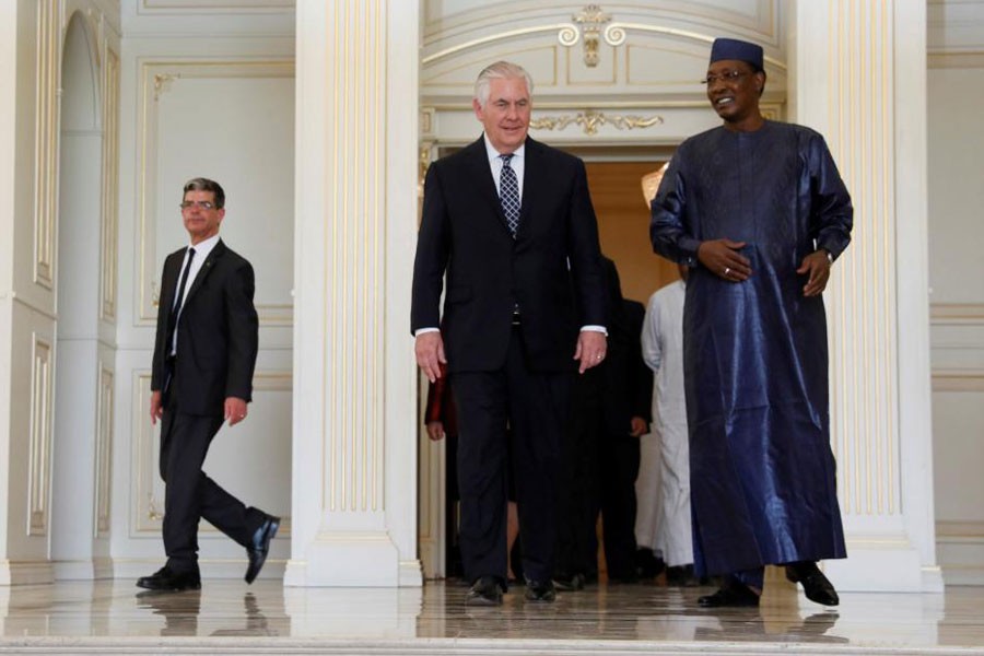 US Secretary of State Rex Tillerson and Chad's President Idriss Deby depart after their meeting in N'Djamena, Chad, March 12, 2018. Reuters.