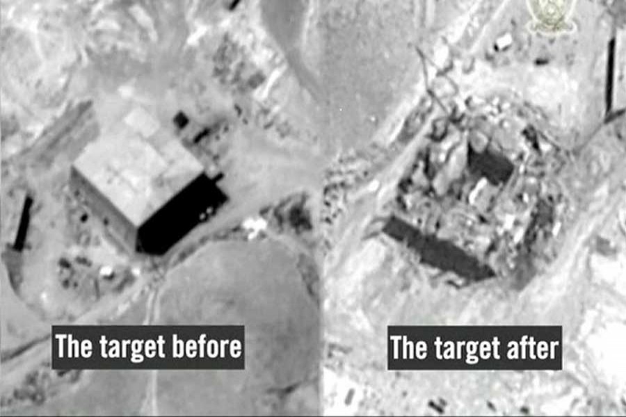 A still frame taken from video material released on March 21, 2018 shows a combination image of what the Israeli military describes is before and after an Israeli air strike on a suspected Syrian nuclear reactor site near Deir al-Zor on September 6, 2007. Reuters/Files