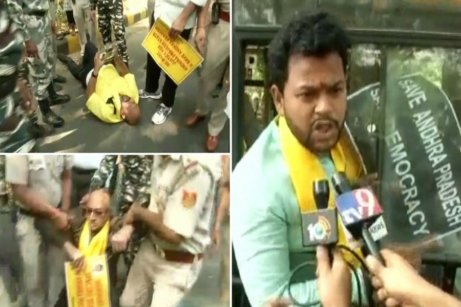 Lawmakers of regional Telegu Desam Party (TDP) staging the protest, demanding special status for the southern Indian state of Andhra Pradesh	— Internet