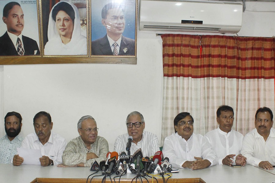 BNP standing committee member Nazrul Islam Khan adressing at press conference at the party's Nayapaltan central office