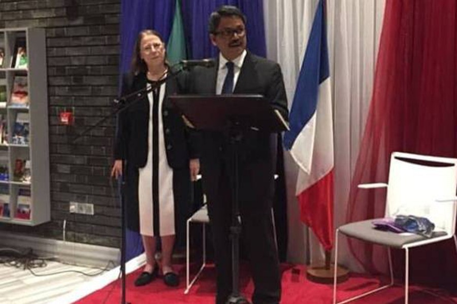 State Minister for Foreign Affairs M Shahriar Alam speaking at a reception marking the National Day of the French Republic, in Dhaka on Saturday, July 14. Photo: UNB