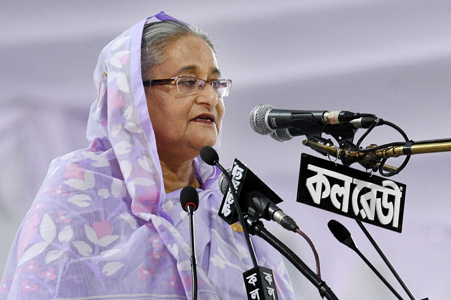 Prime Minister Sheikh Hasina addressing a reception rally at historic Suhrawardy Udyan in Dhaka on Saturday. -Focus Bangla Photo