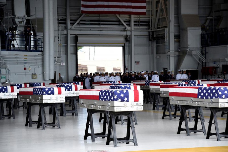 Caskets containing the remains of American servicemen from the Korean War handed over by North Korea arrive at Joint Base Pearl Harbor-Hickam in Honolulu, Hawaii, US, August 1, 2018 -Reuters