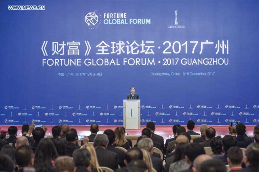 Chinese Vice Premier Wang Yang delivers a keynote speech at the opening ceremony of the 2017 Fortune Global Forum in Guangzhou, south China's Guangdong Province, December 06, 2017.	 —Photo: Xinhua