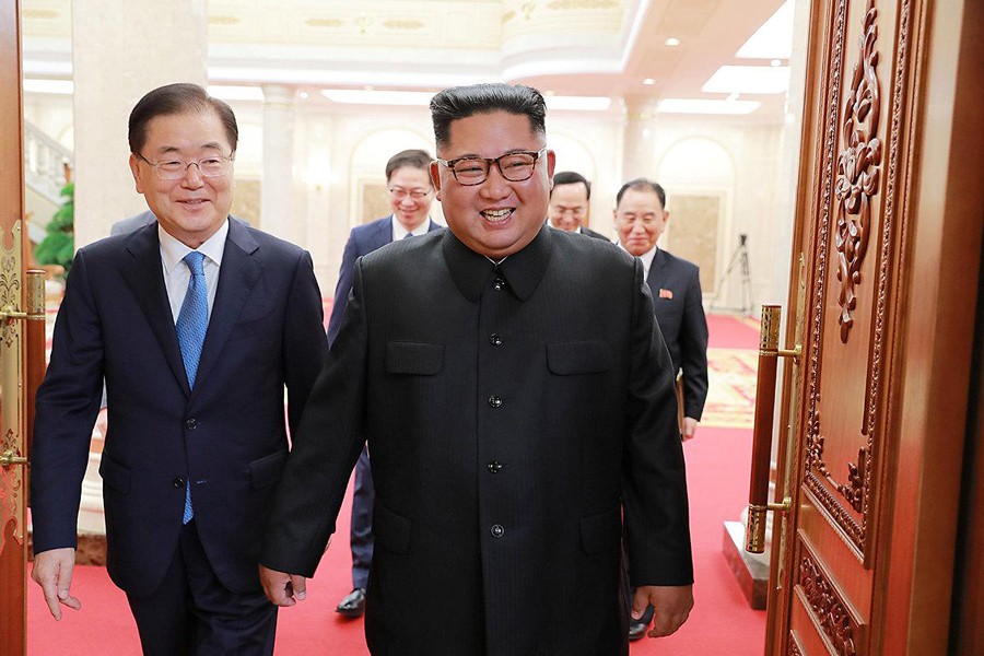 Chief of the national security office at Seoul's presidential Blue House Chung Eui-yong holding talks with North Korean leader Kim Jong Un in Pyongyang, North Korea on Wednesday	— Reuters