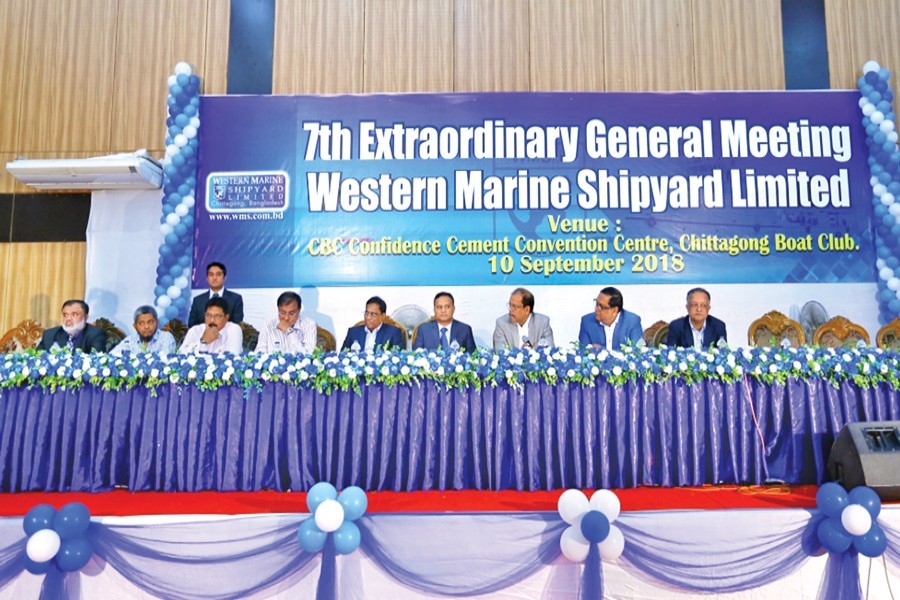 Western Marine Shipyard Chairman Saiful Islam, managing director Sakhawat Hossain and other directors seen on the dais of the company's seventh EGM