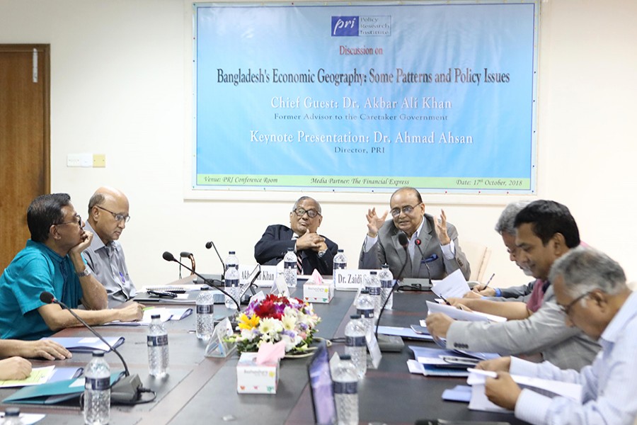 Dr Zaidi Sattar, Chairman, Policy Research Institute of Bangladesh (PRI), addressing a discussion on "Bangladesh's Economic Geography: Some Patterns and Policy Issues" at the PRI conference room in the city on Wednesday — FE photo