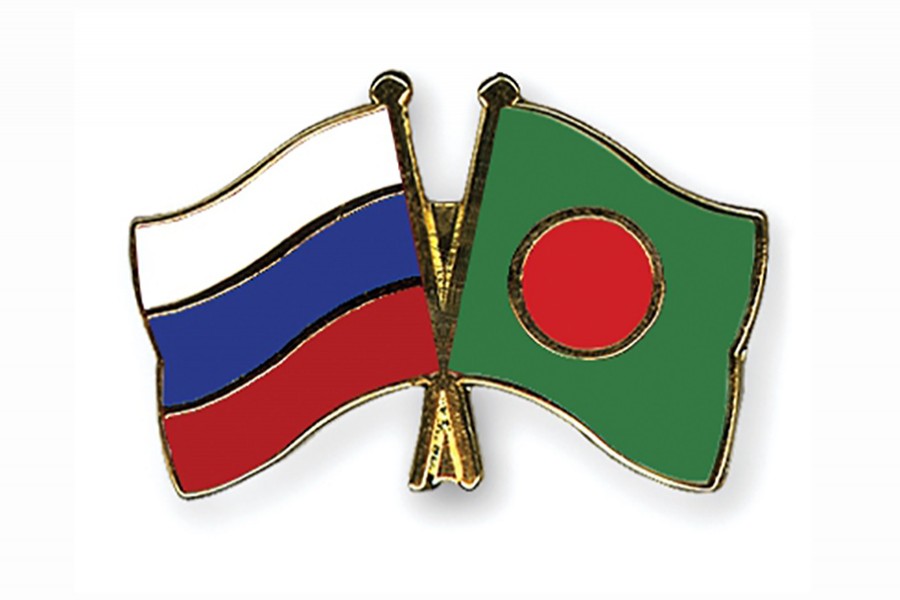 Bangladesh and Russia flags are seen cross-pinned in this photo symbolising friendship between the two nations — Collected