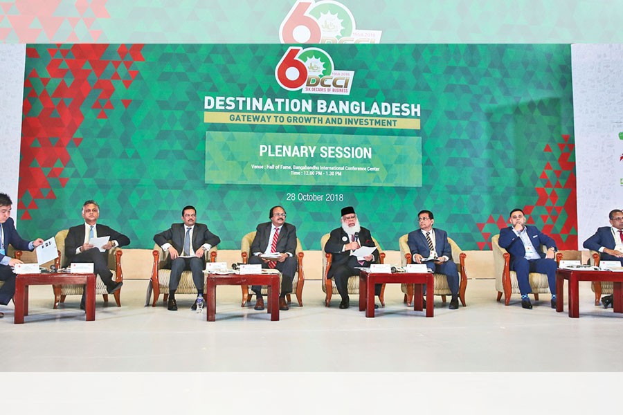 International Chamber of Commerce, Bangladesh (ICCB) President Mahbubur Rahman chairing the first plenary session of an international conference titled 'Destination Bangladesh' in the capital on Sunday. Prime Minister's Principal Secretary Nojibur Rahman and Apex Footwear Ltd Managing Director Syed Nasim Manzur took part in the discussion while Chief Executive Officer (CEO) of Standard Chartered Malaysia Abrar A Anwar presented the keynote paper