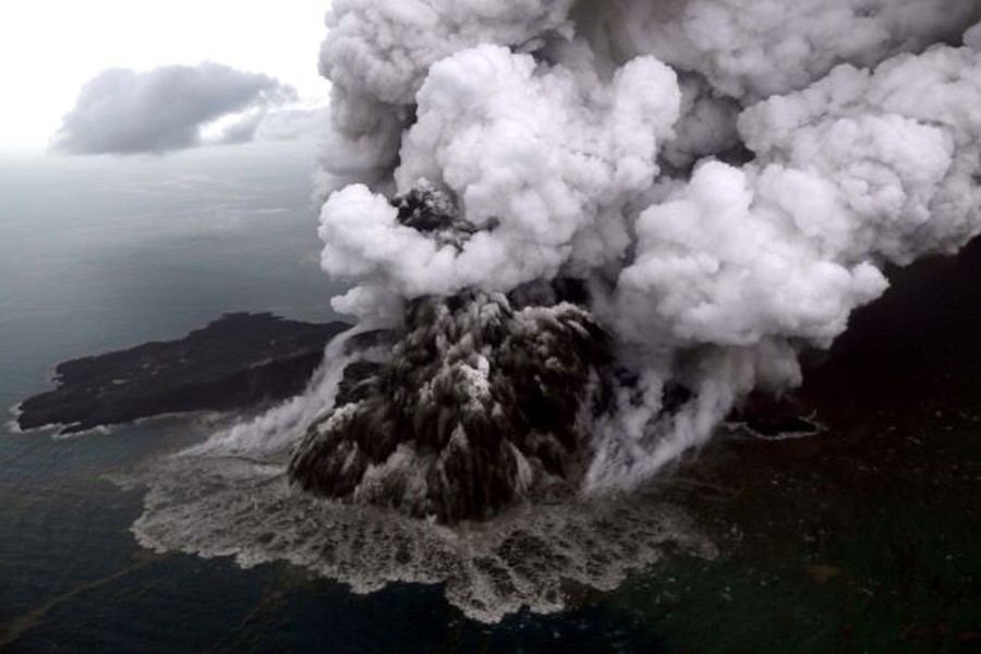 An aerial view of Anak Krakatau volcano during an eruption at Sunda strait in South Lampung, Indonesia, December 23, 2018. Antara Foto/Bisnis Indonesia/Nurul Hidayat/ via Reuters/File Photo