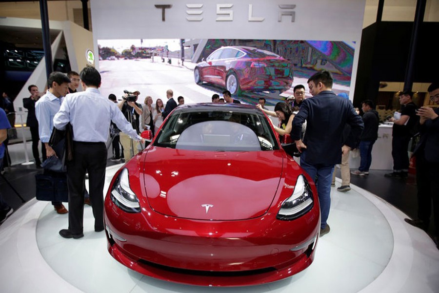 A Tesla Model 3 car is displayed during a media preview at the Auto China 2018 motor show in Beijing, China, April 25, 2018. Reuters/File Photo