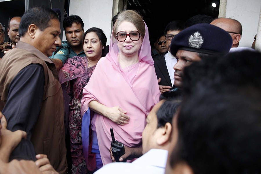 BNP Chairperson Khaleda Zia appears before a court in this undated Focus Bangla photo