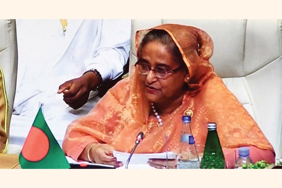 Prime Minister Sheikh Hasina addressing the plenary session of the  18th NAM Summit in the Azerbaijan capital Baku on October 25, 2019: She sought global support in resolving the protracted Rohingya refugee crisis and for combating the adverse impacts of climate change.         —Photo: bdnews24.com   