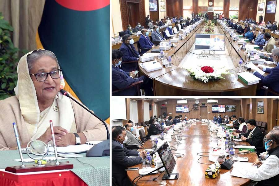 NEC Chairperson and Prime Minister Sheikh Hasina presiding over the virtual meeting of the National Economic Council (NEC) on Tuesday from Ganabhaban through a videoconference with the participation of ministers, state ministers and others concerned from the NEC Conference Room and the secretariat. –PID Photo