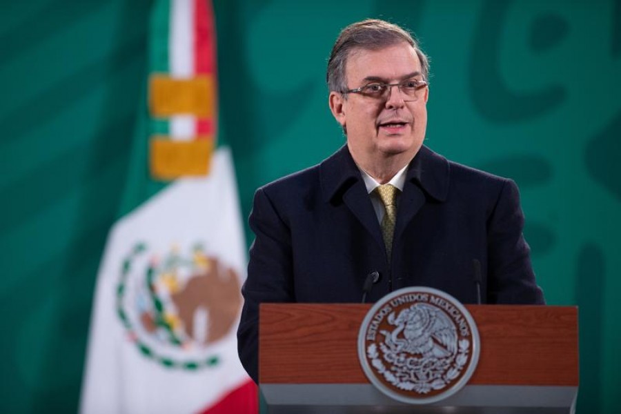 Mexico's Foreign Minister Marcelo Ebrard holds a news conference, as Mexico's government will invoke labour provisions in the new North American trade pact in a bid to ensure that illegal migrants in the United States receive coronavirus vaccines, at the National Palace in Mexico City, Mexico, January 13, 2021 – Mexico's Presidency/Handout via Reuters