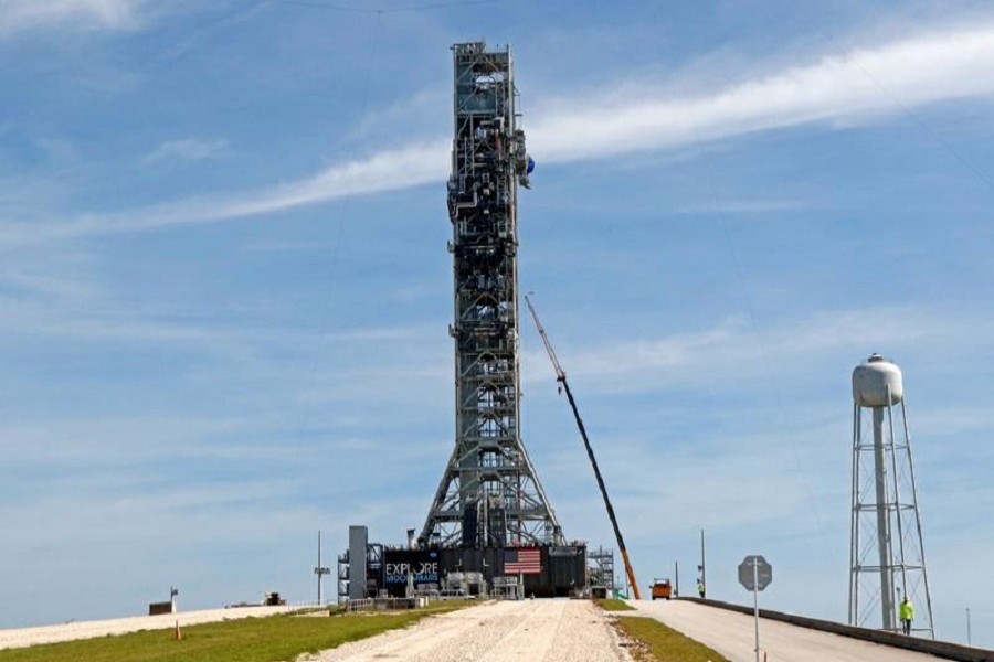 NASA's Space Launch System mobile launcher stands atop Launch Pad 39B for months of testing before it will launch the SLS rocket and Orion spacecraft on mission Artemis 1 at the Kennedy Space Center in Cape Canaveral, Florida, US, July 1, 2019 — Reuters/Files