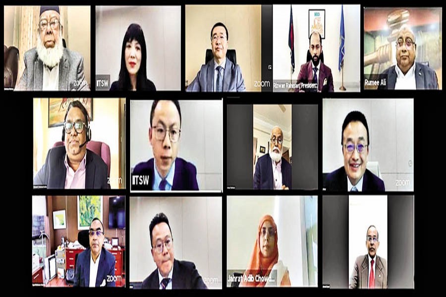 BIAC Board Chairman Mahbubur Rahman (top, left), BIAC CEO Muhammad A (Rumee) Ali, DCCI President Rizwan Rahman and IITSW Director Zhang Jingmei, among others, taking part in a webinar on Monday