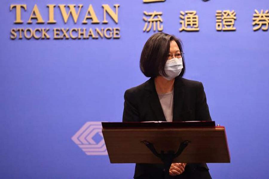 Taiwan's President Tsai Ing-wen speaks at Taiwan Stock Exchange in Taipei, Taiwan, February 8, 2021 — Reuters