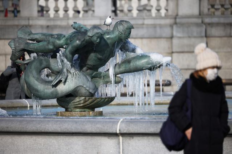 A fountain covered in icicles is seen in Trafalgar Square, London, Britain on February 11, 2021 — Reuters photo