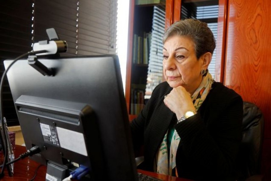 Palestinian politician Hanan Ashrawi is seen in her office during an interview with Reuters, in Ramallah in the Israeli-occupied West Bank February 3, 2021. Picture taken February 3, 2021. REUTERS/Raneen Sawafta