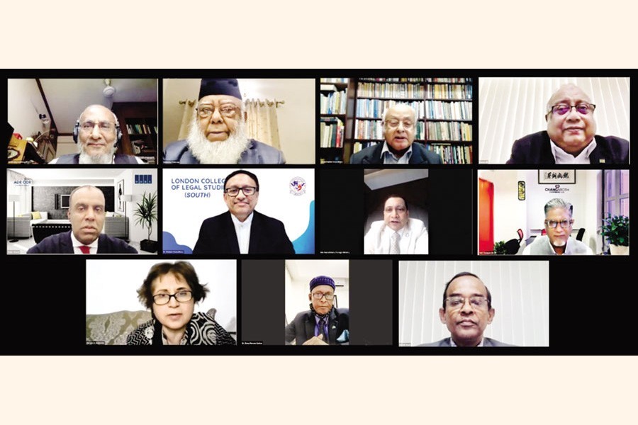 Former adviser to a caretaker government Abdul Muyeed Chowdhury (top, left), Bangladesh International Arbitration Centre (BIAC) Board chairman Mahbubur Rahman (top, 2nd from left), BIAC CEO Muhammad A (Rumee) Ali (top, right) and other distinguished persons at a webinar organised by BIAC on Monday