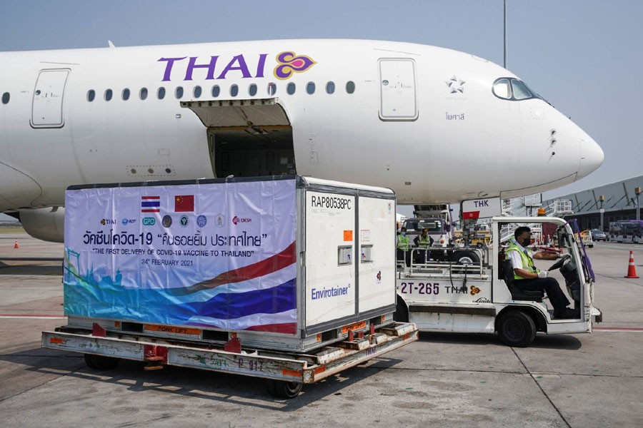 A container with Sinovac COVID-19 vaccines arrives at Bangkok's Suvarnabhumi International Airport on Wednesday. REUTERS
