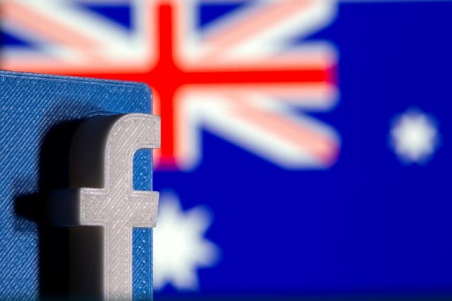 FILE PHOTO: A 3D printed Facebook logo is seen in front of displayed Australia's flag in this illustration photo taken February 18, 2021. REUTERS/Dado Ruvic/Illustration/