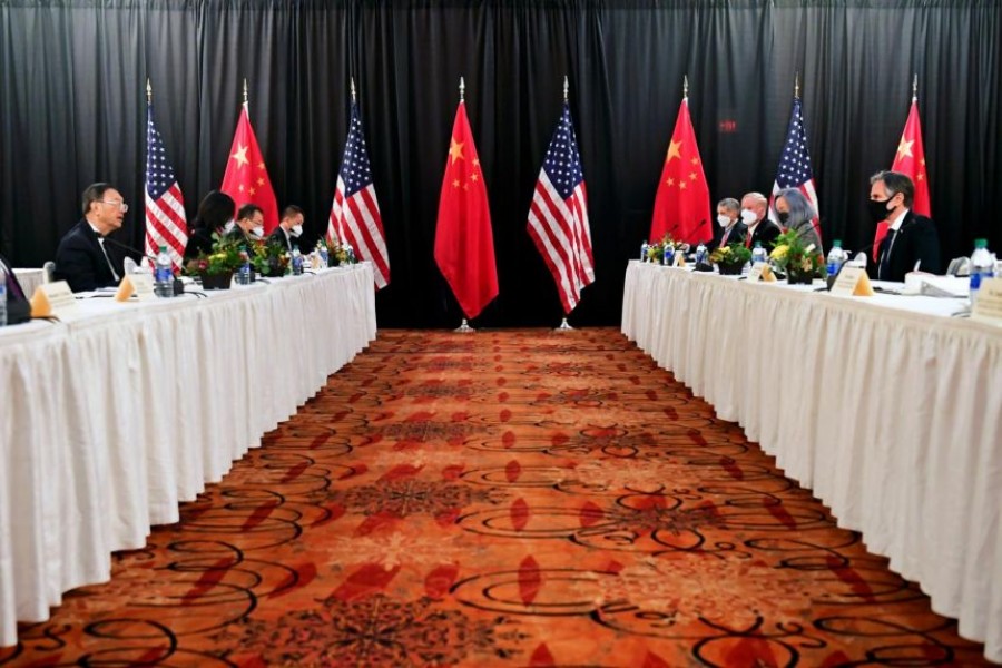 US Secretary of State Antony Blinken (Second R), joined by National Security Advisor Jake Sullivan (R), speaks while facing Yang Jiechi (Second L), director of the Central Foreign Affairs Commission Office, and Wang Yi (L), China's State Councilor and Foreign Minister, at the opening session of US-China talks at the Captain Cook Hotel in Anchorage, Alaska, US on March 18, 2021 — Pool via REUTERS
