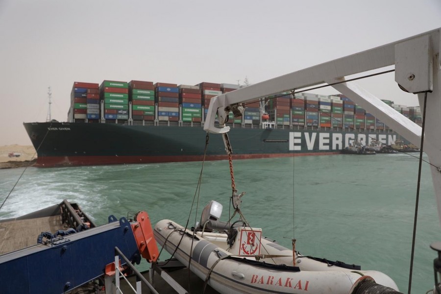 Stranded container ship Ever Given, one of the world's largest container ships, is seen after it ran aground, in Suez Canal, Egypt on March 25, 2021 — Suez Canal Authority/Handout via REUTERS