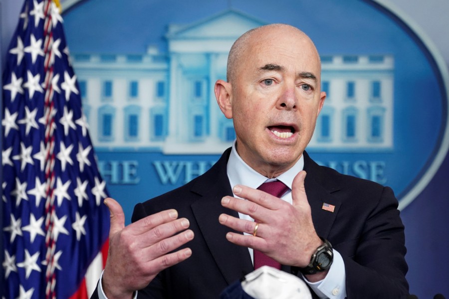 US Department of Homeland Security Secretary Alejandro Mayorkas speaks during a press briefing at the White House in Washington, US, March 1, 2021. REUTERS/Kevin Lamarque/File Photo