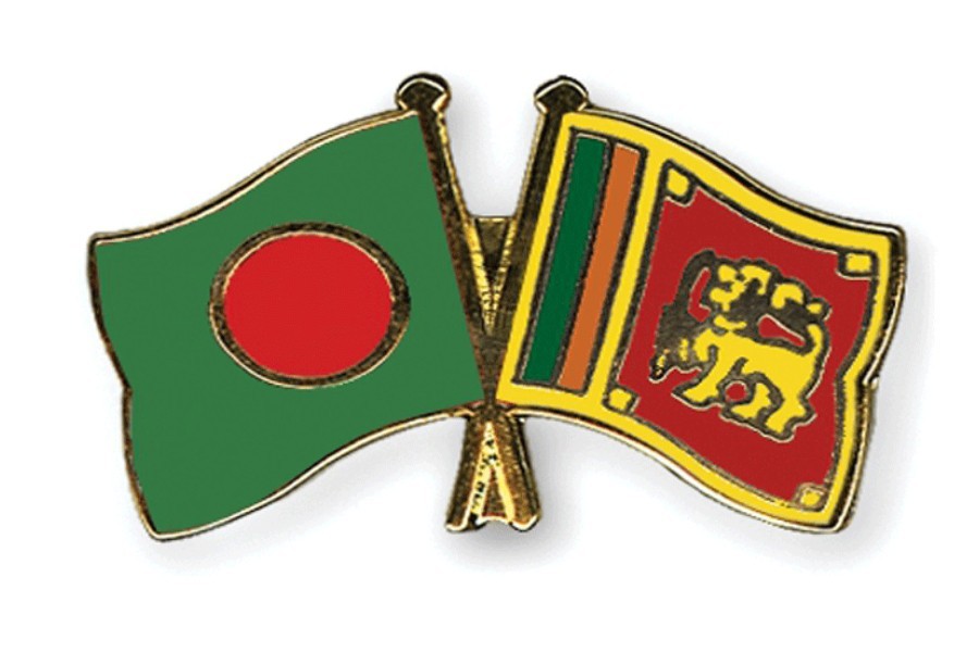 Flags of Bangladesh and Sri Lanka are seen cross-pinned in the image, symbolising friendship between the two nations