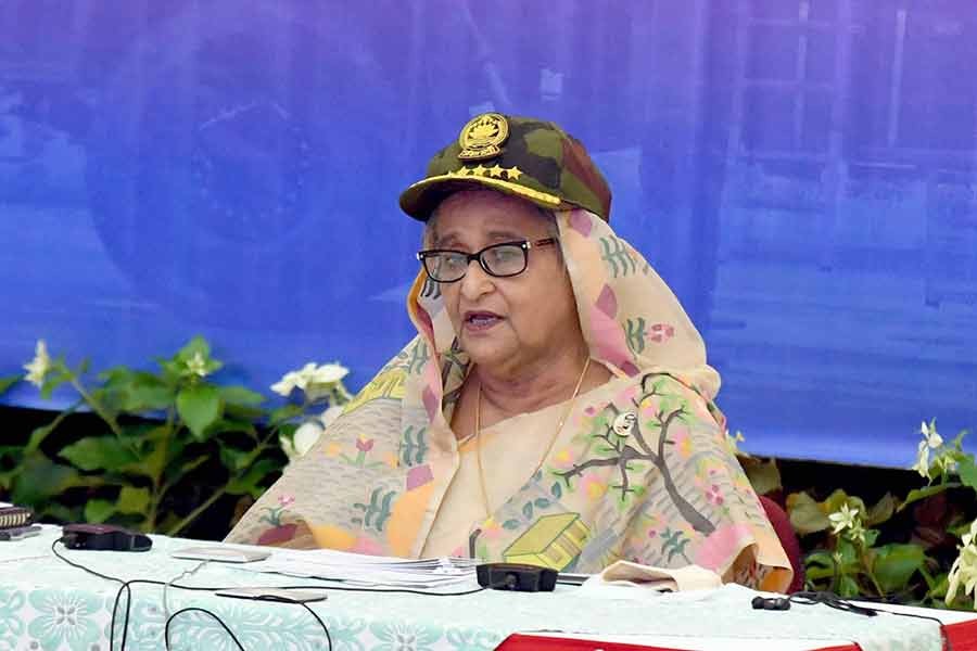 Prime Minister Sheikh Hasina addressing the induction ceremony of Tiger Multiple Launch Rocket Missile System (MLRS) to Bangladesh Army’s 51 MLRS Regiment in Savar Cantonment, joining virtually from Ganabhaban, on Sunday -PID Photo
