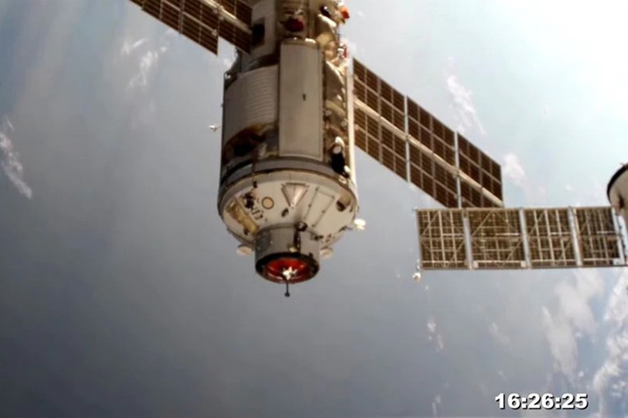 The Nauka (Science) Multipurpose Laboratory Module is seen during its docking to the International Space Station (ISS) on July 29, 2021 in this still image taken from video — Roscosmos/Handout via REUTERS