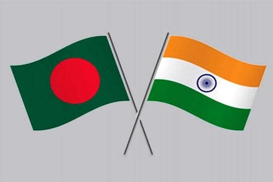 Flags of Bangladesh and India are seen cross-pinned in the image, symbolising friendship between the two nations