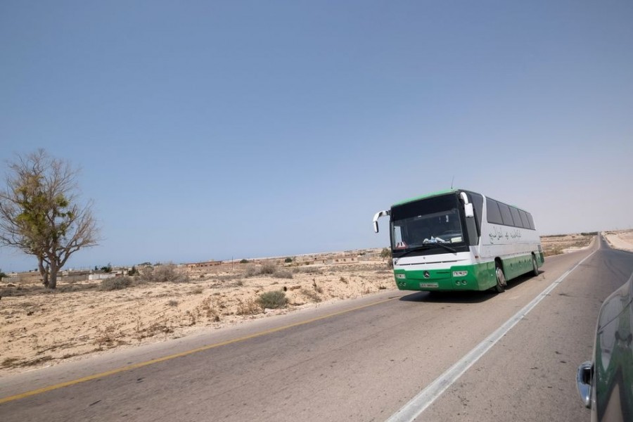 A bus travels towards Tripoli by the newly-reopened coastal road which was cut between the cities of Misrata and Sirte, near Ras Lanuf, Libya on August 10, 2021 — Reuters photo