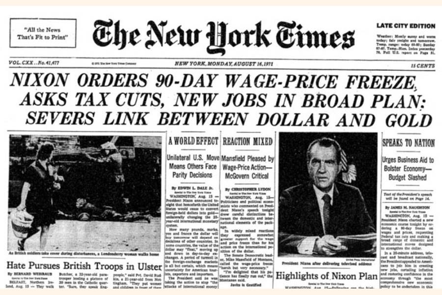 Cover of The New York Times of August 16, 1971. On that day Nixon announced the start of his “New Economic Policy”. Rreceding the bound between gold and the dollar was to become the first step towards the dismantling of Bretton Woods