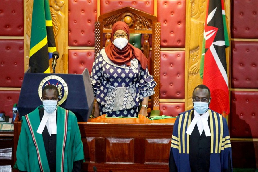 Tanzanian President Samia Suluhu Hassan (C) arrives to address a joint Parliament session of Kenyan Members of Parliament and Senators in Nairobi, Kenya, May 5, 2021. REUTERS/Monicah Mwangi