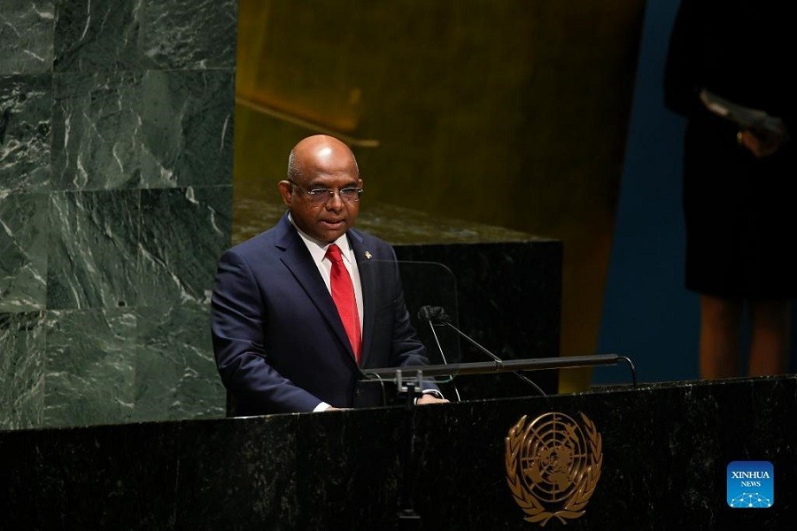 Abdulla Shahid, President of the 76th session of the United Nations General Assembly (UNGA), addresses the 1st plenary and opening meeting of the 76th UNGA session at the UN headquarters in New York, Sept. 14, 2021 – Evan Schneider/UN Photo/Handout via Xinhua