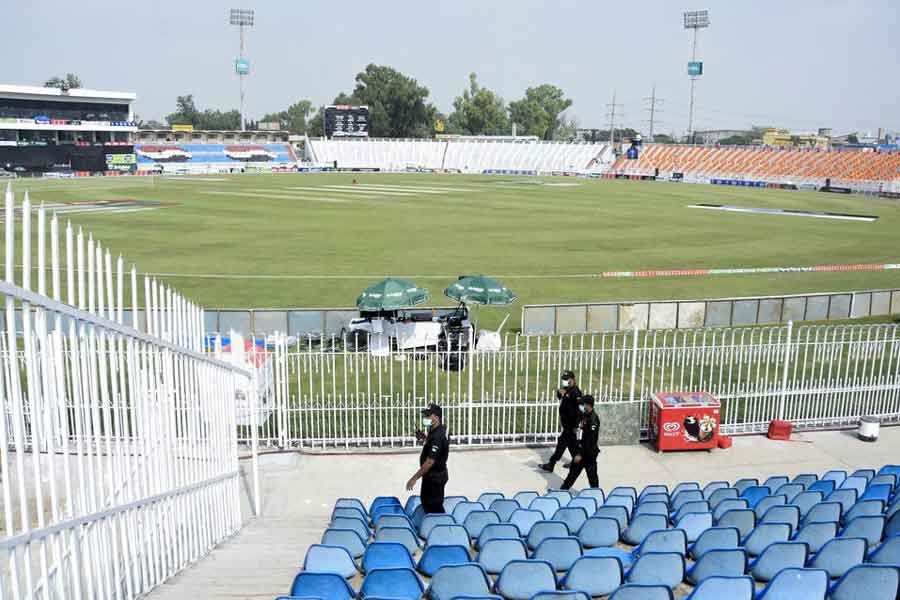 Members of the Police Elite Force walk in an enclosure at Pakistan’s Rawalpindi Cricket Stadium on September 17 this year after the New Zealand cricket team pulled out of a Pakistan cricket tour over security concerns –Reuters file photo