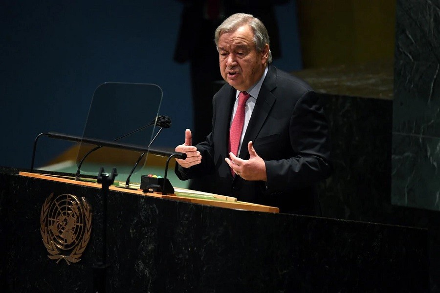 United Nations Secretary General Antonio Guterres speaks during the 76th Session of the General Assembly at UN Headquarters in New York on September 21, 2021 — Timothy A Clary/Pool via Reuters
