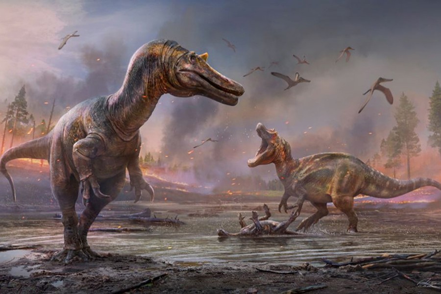The meat-eating dinosaurs Ceratosuchops inferodios, in the foreground, and Riparovenator milnerae, in the background are seen in an undated artist's rendition. Fossils of these two Cretaceous Period dinosaurs were discovered on England’s Isle of Wight — Handout via REUTERS